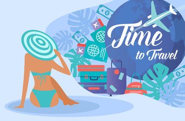 Time to travel banner with sunbathing girl