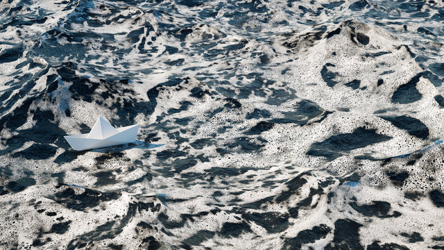 Origami Papierboot alleine im Wasser auf Meer