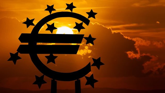 Euro Symbol, Conceptual Currency Fall: Time Lapse at Sunset