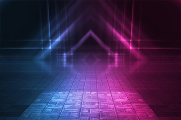 Empty background scene. Dark street reflection on wet asphalt. Rays of neon light in the dark, neon figures, smoke. Background of empty stage show. Abstract dark background.