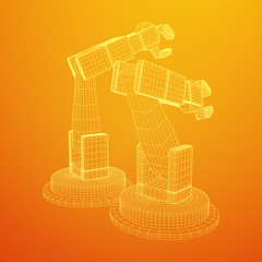 Robotic arm manufacture technology industry assembly mechanic hand wireframe low poly mesh vector illustration