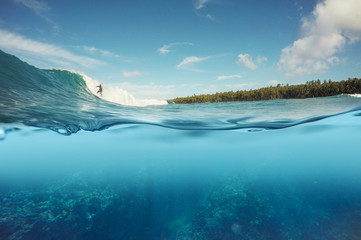 half underwater shot of surfer surfing a wave - obrazy, fototapety, plakaty