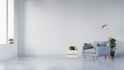 The interior has a armchair and plants on empty white wall background,3D rendering