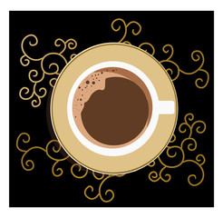 coffee cup with gold pattern on black backdrop