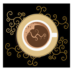 coffee cup with gold pattern on black backdrop