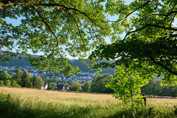 A beautiful scenic view into a rural German summer landscape in the Spessart with the town Bad Orb, Hessen