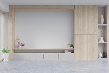 Table TV with cement screen wall on the wall in modern living room. 3d rendering