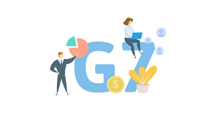 G7. Concept with keywords, letters and icons. Colored flat vector illustration. Isolated on white background.