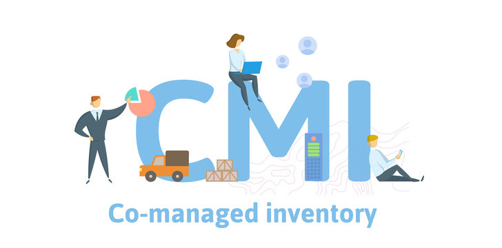 CMI, Co-managed Inventory. Concept with keywords, letters and icons. Colored flat vector illustration. Isolated on white background.
