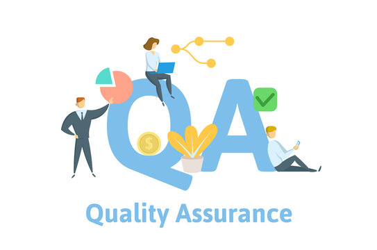 QA, Quality Assurance. Concept with keywords, letters and icons. Colored flat vector illustration. Isolated on white background.