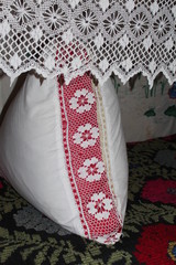 Belarusian peasant hut. Traditional bed decoration