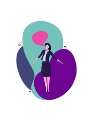 girl stands, says, businesswoman illustration, woman in business suit with bubble for text