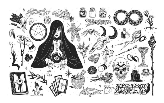 Witchcraft set - witch or enchantress and mystical items for wizardry, enchantment, astrology and clairvoyance hand drawn with black contour lines on white background. Monochrome vector illustration.