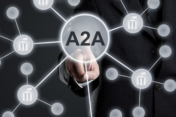 Executive businessman in suit touching A2A button in network with administration icons on virtual touch screen - administration to administration network concept