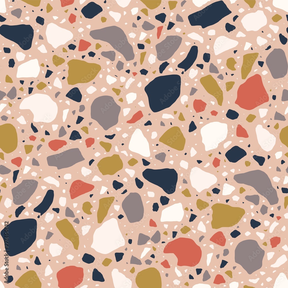 Poster Terrazzo seamless pattern with colorful chips, fractions or fragments scattered on light background. Modern decorative vector illustration in flat style for fabric print, wrapping paper, flooring.
