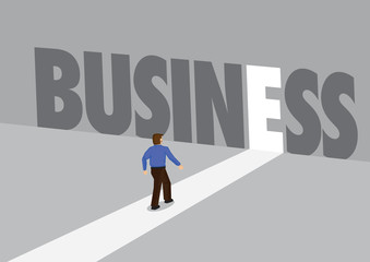 Fototapeta premium Businessman walking towards a light path with the text business. Business concept of corporate success, innovation or overcoming challenge. Vector illustration.