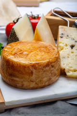 Variety of Italian pecorino cheeses, yellow aged, with black peppers from Nebrodi, white Il Palio and black molarotto, close up
