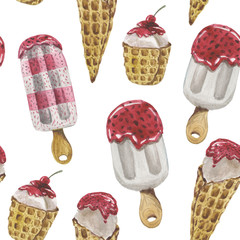 Watercolor seamless pattern with ice cream in a cup, cone, on a stick with topping. For design compositions on the topic of vacation, holiday, travel