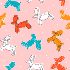 Doodle ballon hond of konijn. Verschillende kleuren. Hand getekende kleurrijke vector naadloze patroon. Trendy illustratie. Plat ontwerp. Cartoon-stijl