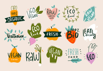 Vegan, fresh, bio, raw, eco, organic and healthy logos and icons, labels, tags, badges. Hand drawn vector set of fruits and vegetables. Colored trendy illustration. Flat design. Everything is isolated