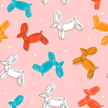 Doodle balloon dog or rabbit. Different colors. Hand drawn colorful vector seamless pattern. Trendy illustration. Flat design. Cartoon style