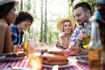 Friends having a barbecue party in nature while having fun