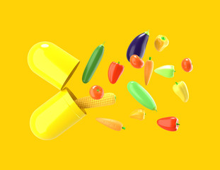 Fresh vegetables fly out of the pill. Conceptual illustration of nutritional supplements with empty space for text. 3D rendering.