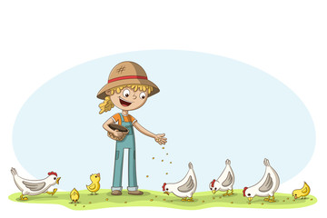 Fototapeta premium Little girl feeds some chickens and chicks. Cartoon character illustration.