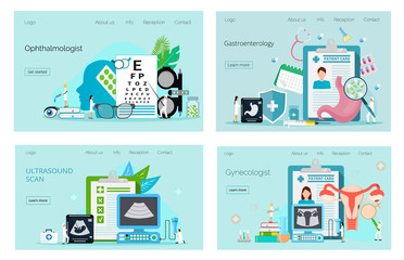 Gastroenterology landing page vector. Ophthalmologist eyesight check up,ultrasound xray diagnos, genetic science technology, center of reproducrive medicine concept for landing page, flyer, web.