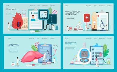 Landing pages with blood glucose testing meter, hypotension and hypertension, hepatitis, blood donation. Diabetes mellitus, type 2 diabetes and insulin production concept vector.