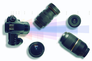 Camera and some lenses on a focal lenght graph. Photo and video technical concept. Top view and...