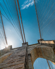 Fototapeta premium Brooklyn Bridge Against Bright Blue Sky, New York City. Vertical Banner