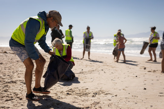 Volunteers cleaning beach on a sunny day