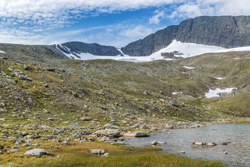Glacier moraine and a lake in a mountain landscape