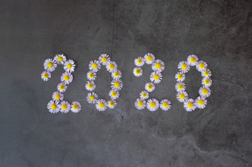 new year 2020 made of flowers on the concrete background.
