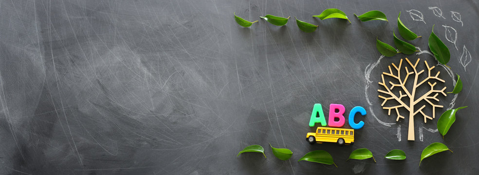 education and back to school concept. Top view photo of school bus and ABC letters on the roof next to tree with autumn leaves over classroom blackboard background. top view, flat lay
