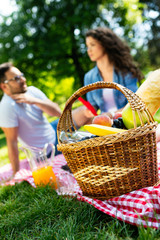 Happy young couple enjoying picnic in park.