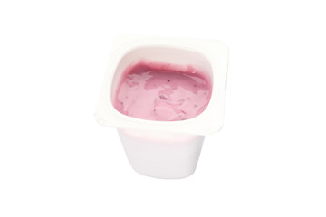 Plastic cup with cream yogurt isolated on white background, space for text