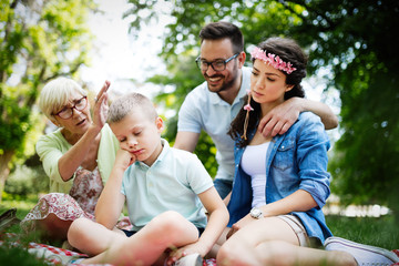 Family consoling little stubborn child and managing emotions