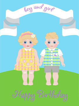 bright greeting card with the image of cute kids