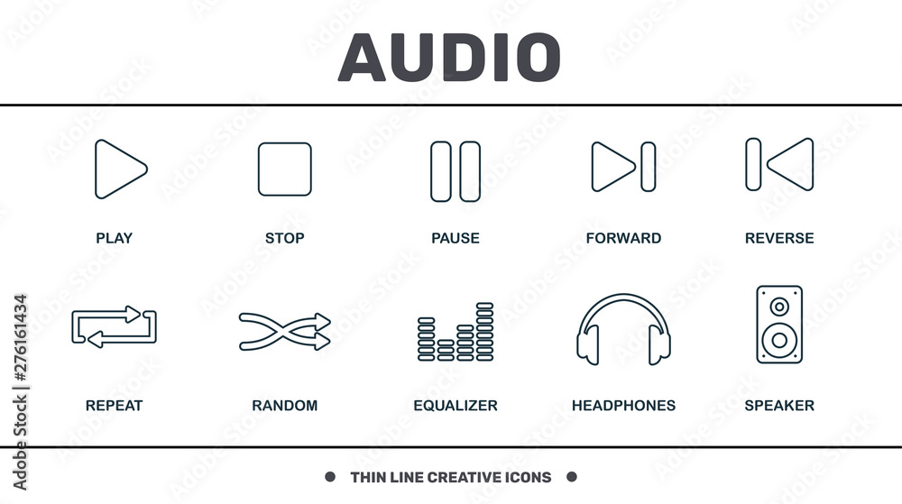 Poster audio buttons icons set collection. includes creative elements such as play, stop, pause, reverse, f