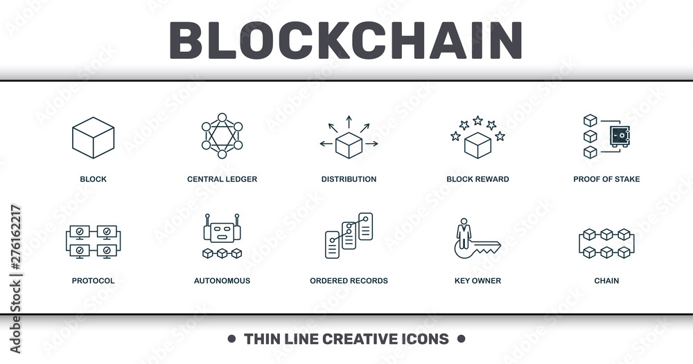 Aufkleber blockchain set icons collection. includes simple elements such as block, central ledger, distributio