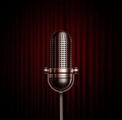 Stage curtains with shining microphone vector illustration. Standup comedy show concept