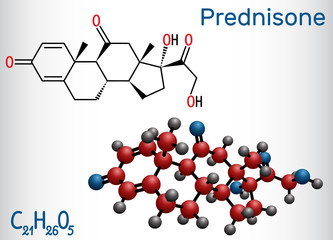 Prednisone molecule. A synthetic anti-inflammatory glucocorticoid derived from cortisone. Structural chemical formula and molecule model