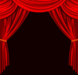 Red stage curtain realistic vector illustration for theater or opera scene backdrop, concert grand opening or cinema premiere. Red curtains or portiere drapes for ceremony performance design template