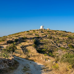 Fototapeta na wymiar Beautiful greeek countryside landscape with traditional cycladic windmill on Paros island, Greece