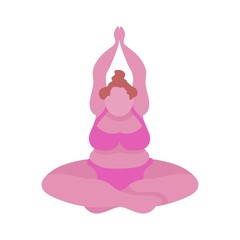 Big plump woman doing yoga. Illustration of a girl in a swimsuit is overweight. Yoga poses for beginners.