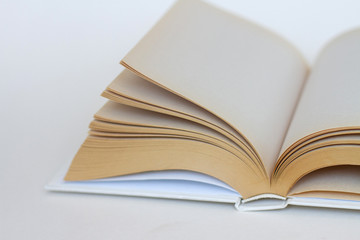 blank pages of a book on a white background. selective focus