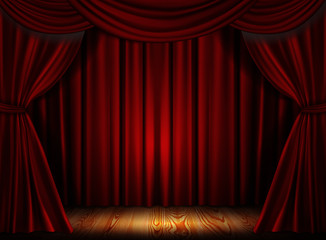Red stage curtain realistic vector illustration for theater or opera scene backdrop, concert grand opening or cinema premiere. Red curtains or portiere drapes for ceremony performance design template