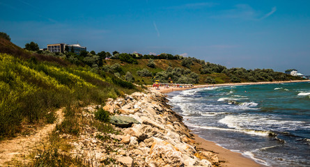 Fototapeta na wymiar Beach on a black sea in a Eforie Sud near the Constanta in Romania